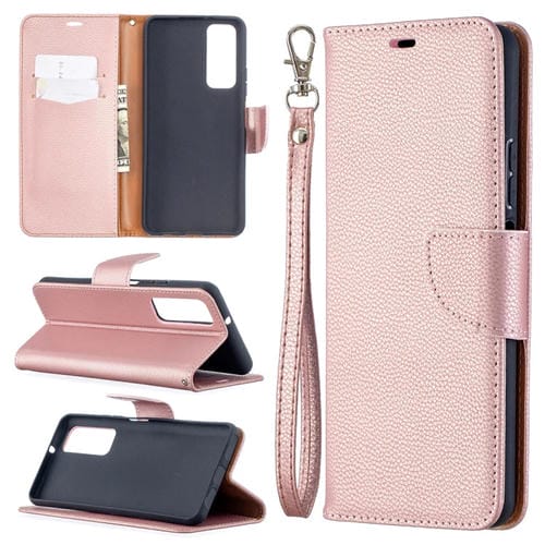 Para Huawei P Smart 2021 / Y7A Litchi Texture Color Pure Color Horizontal Flip PU Funda con soporte y ranuras para tarjetas y Billetera y cordón (oro rosa)