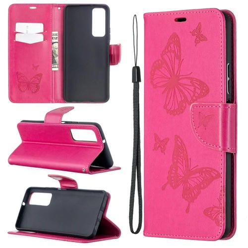 Para Huawei P Smart 2021 / Y7A Dos mariposas Patrón de estampado de estampado de estampado horizontal Funda de cuero con soporte y ranura para tarjeta y billetera y cordón (Rose Rojo)