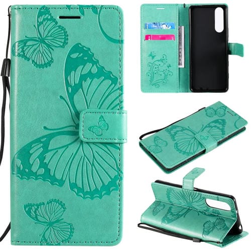 Para Sony Xperia5 II 3D Mariposas en relieve Patrón Horizontal Flip Funda de cuero con soporte y ranura para tarjeta y billetera (Verde)
