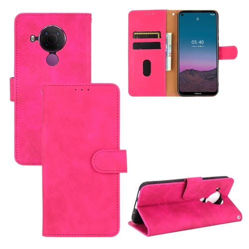 Para Nokia 5.4 Estuche de cuero PU con textura de piel de becerro abatible horizontal con hebilla magnética de color sólido con soporte, ranuras para tarjetas y billetera (rosa roja)