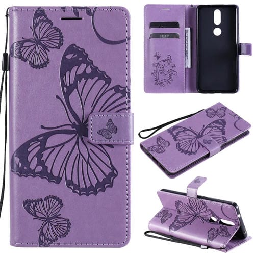 Para Nokia 2.4 3D Mariposas Patrón de relieve Funda de cuero con tapa horizontal con soporte, ranura para tarjeta y billetera (púrpura)