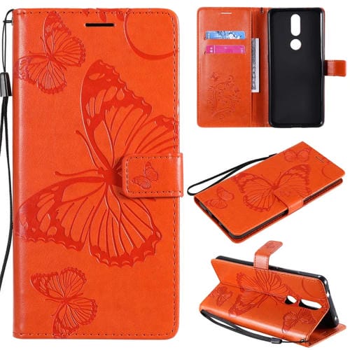 Para Nokia 2.4 3D Mariposas Patrón de relieve Funda de cuero con tapa horizontal con soporte, ranura para tarjeta y billetera (naranja)