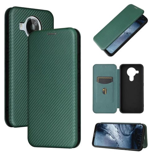 Para Nokia 7.3 Textura de fibra de carbono Magnético Horizontal Flip TPU + PC + Funda de cuero PU con ranura para tarjeta (verde)