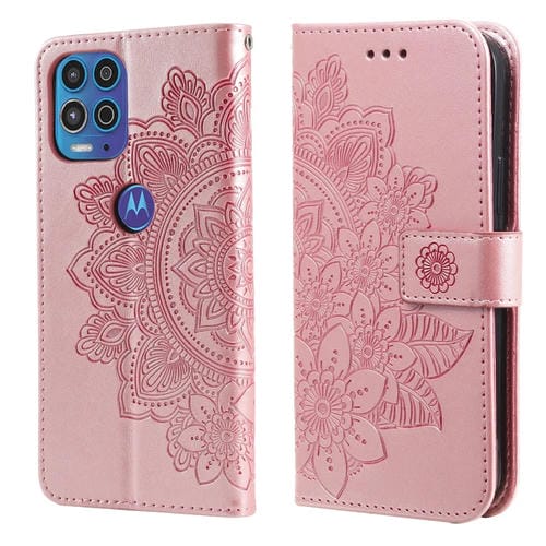 Para Motorola Moto G100 / EDGE S 7-Petal Flowers Patrón de estampado de estampado de PU Horizontal Funda de cuero con soporte y ranuras para tarjetas y marco de fotos (oro rosa)