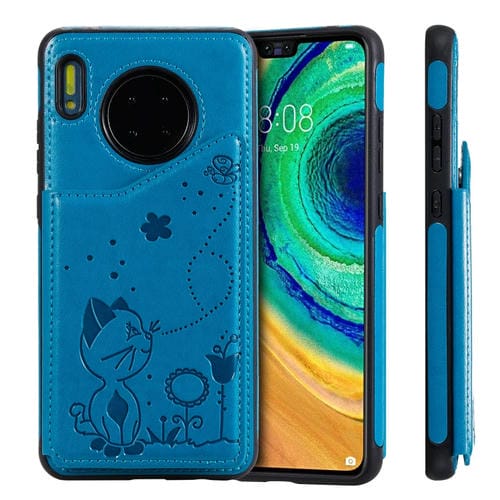 Para Huawei Mate 30 Cat Bee Estuche protector a prueba de golpes con patrón de relieve con ranuras para tarjetas y marco de fotos (azul)