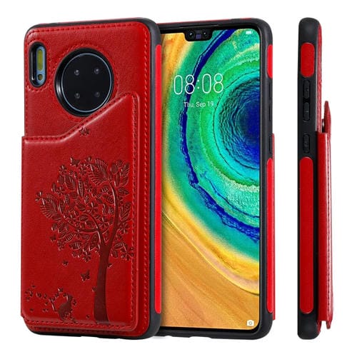 Funda protectora a prueba de golpes con patrón en relieve de árbol de gato Huawei Mate 30 con ranuras para tarjetas y marco de fotos (rojo)