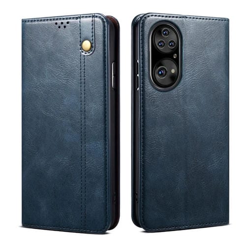 Para Huawei P50 Pro Simple Wax Crazy Horse Texture Horizontal Flip Funda de cuero con ranuras y soporte de tarjetas (azul marino)