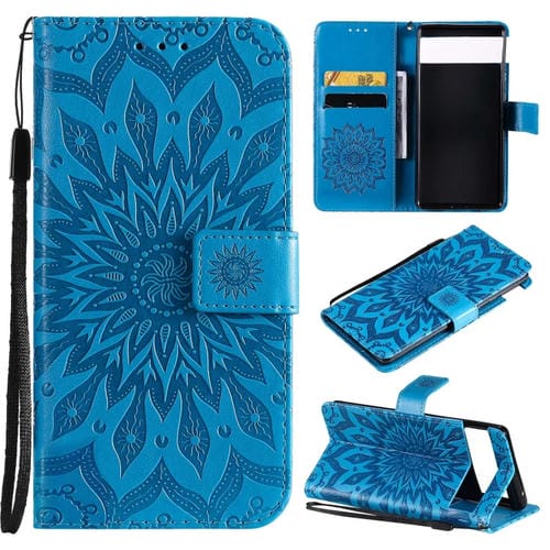 Para Google Pixel 6 Pro Sun Sun Pattern Horizontal Flip Funda de cuero con la ranura para la tarjeta y el soporte y la billetera y el cordón (azul)