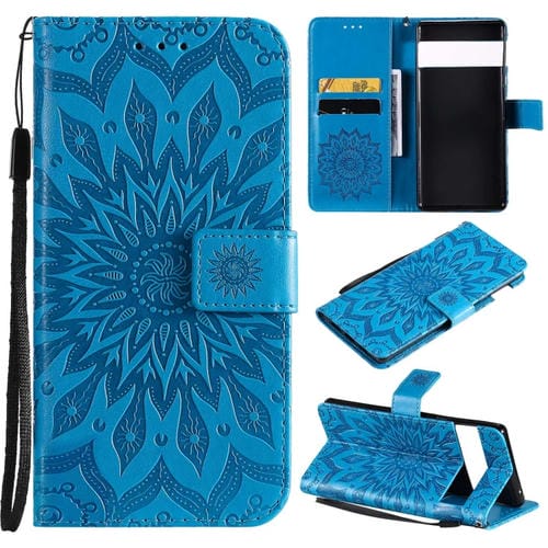 Para Google Pixel 6 Sun Pattern Horizontal Flip Funda de cuero con ranura para tarjeta y soporte y cartera y cordón (azul)