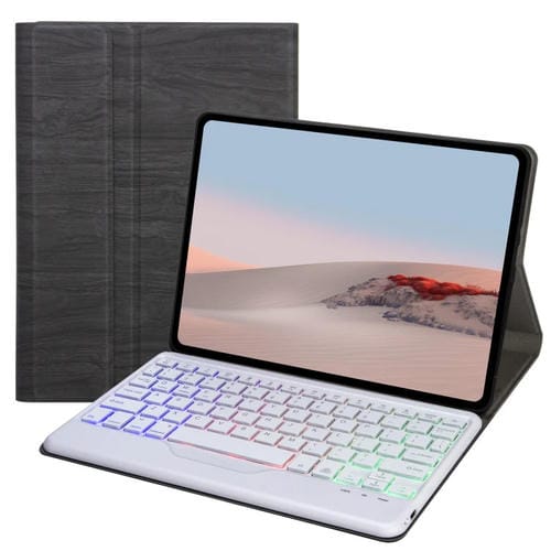 Para Microsoft Surface GO 3/2/1 SFGOS Tri-Color RetroiluminaciĂłn de ĂĄrboles de ĂĄrbol Bluetooth Funda de cuero de teclado (negro + blanco)