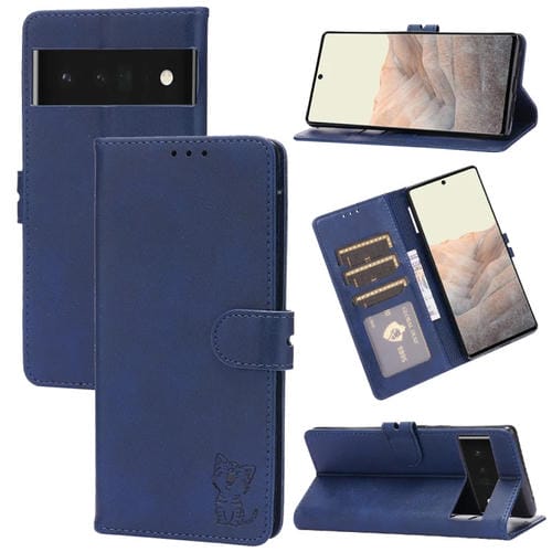 Funda para Google Pixel 7 Pro 5G de Cuero con Estampado de Gato Feliz en Relieve (Azul)
