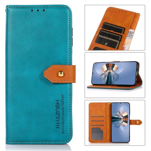 Funda de Piel de Vaca Khazneh para iPhone 16E con Tapa Dos Colores (Azul)