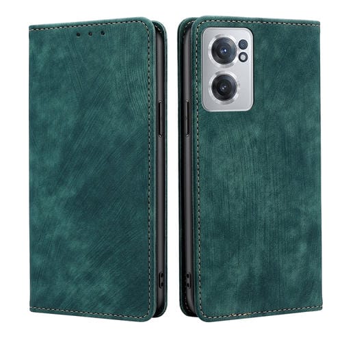 Funda de Cuero Magnética Rfid para OnePlus Nord Ce 2 5G con Cepillo Antirrobo (Verde)