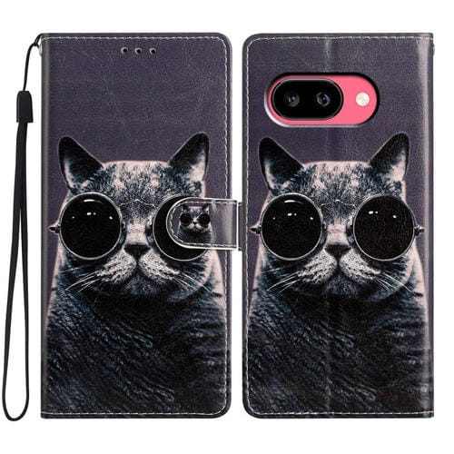 Funda de Cuero para Google Pixel 9A con Dibujo de Colores Gato con Gafas de Sol