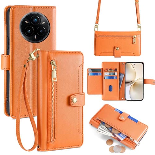 Funda de Cuero Tipo Cartera con Cremallera y Textura de Oveja para Realme 14 Pro+ 5G (Naranja)