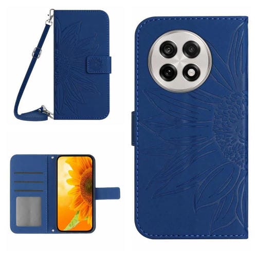 Funda de Piel con Relieve de Girasol para OnePlus 13R (Azul Oscuro)