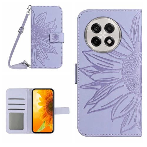 Funda de Piel con Relieve de Girasol y Cordón para OnePlus 13R (Morado)