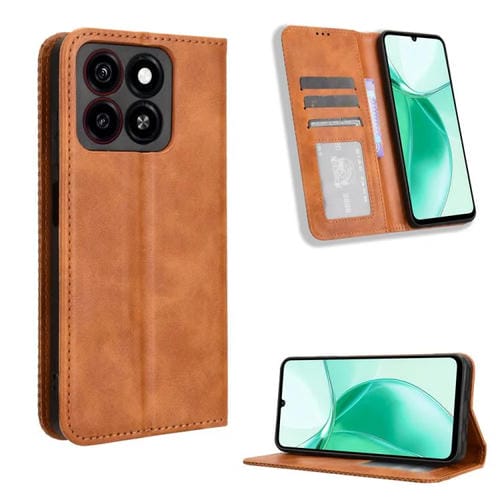 Funda de Cuero para ZTE Blade A35 con Textura Retro y Hebilla Magnética (Marrón)