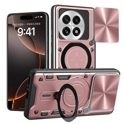 Funda para Teléfono OnePlus 13R 5G con Soporte Magnético Deslizante y Textura de Cd (Rosa)