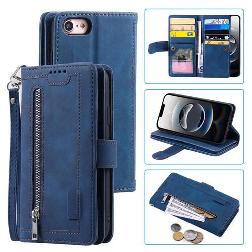 Funda de Cuero con Cremallera y Cordón para iPhone 16E (Azul)