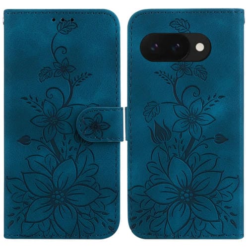 Funda de Cuero con Relieve de Lirios para Google Pixel 9A (Azul Oscuro)
