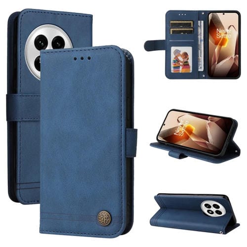 Funda de Cuero OnePlus 13 con Botones de Metal y Diseño Árbol de la Vida (Azul)
