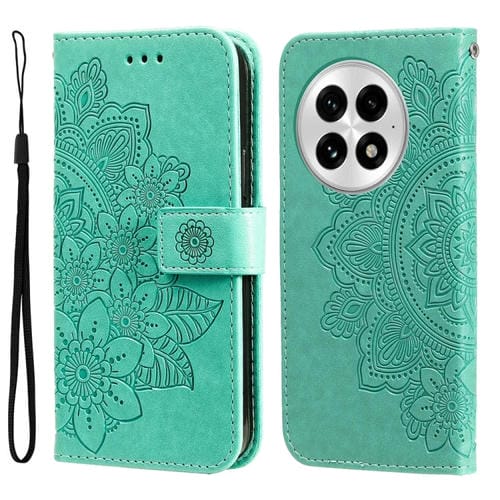 Funda de Cuero con Relieve Flores de Siete Pétalos para OnePlus 13 (Verde)