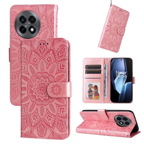 Funda de Piel con Relieve de Girasol para OnePlus 13R/Ace 5/Ace 5 Pro (Oro Rosa)