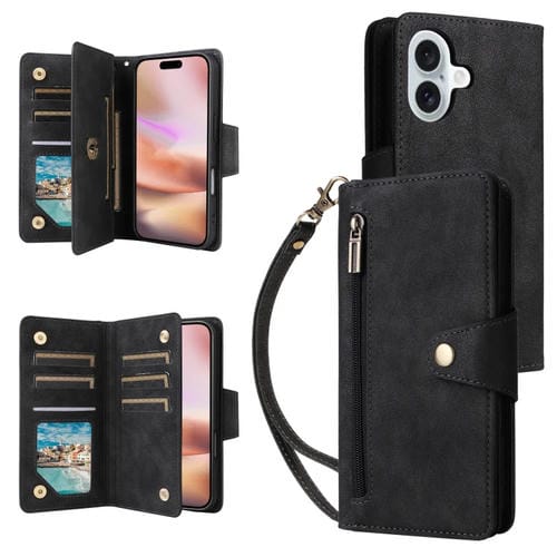 Funda de Cuero para iPhone 16 Plus con Tres Pliegues y Hebilla de Remache (Negro)