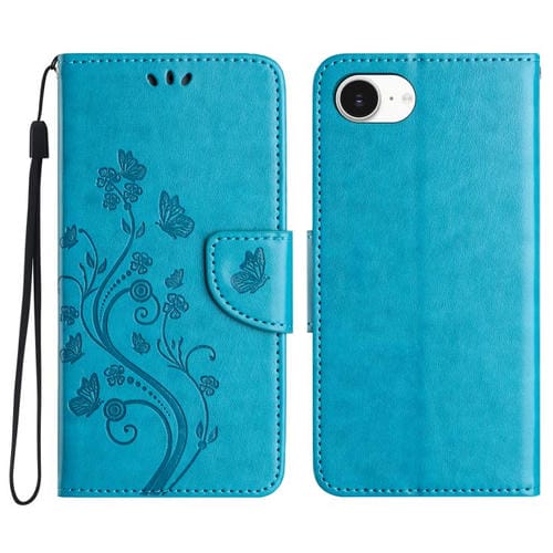 Funda de Cuero con Tapa para iPhone 16E Diseño de Flores y Mariposas (Azul)