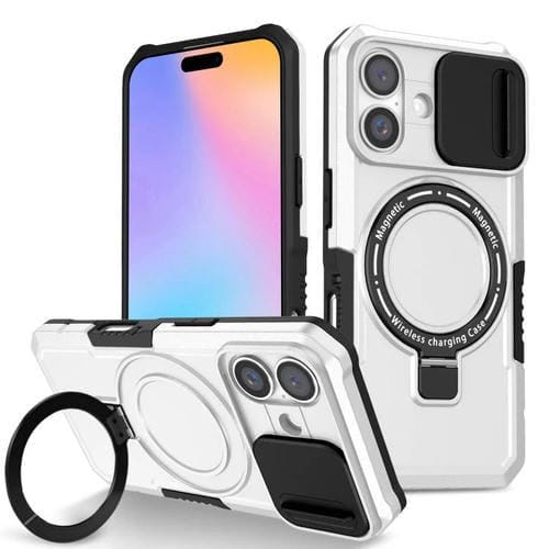 Funda híbrida TPU y PC con soporte Magsafe y protección deslizante para iPhone 16 (Negro y Blanco)