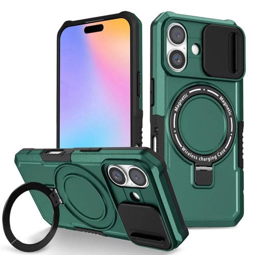 Funda híbrida TPU y PC con Soporte Magsafe para iPhone 16 (Verde Oscuro)