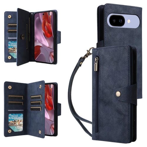 Estuche de Cuero con Tres Pliegues y Hebilla de Remache para Google Pixel 9A (Azul)