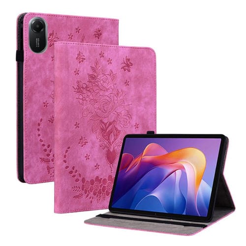 Funda de cuero con relieve de mariposa y rosa para Redmi Pad 2 / Redmi Pad SE 11 2025 (rojo rosa)