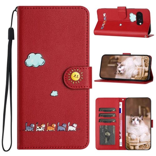 Funda de Cuero con Dibujos de Gatos para Google Pixel 9A (Rojo)