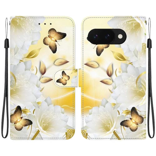 Funda de Cuero para Google Pixel 9A con Dibujo de Colores y Textura de Cristal (Mariposa Dorada Epiphyllum)