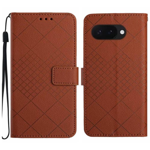 Funda de Cuero con Textura de Cuadrícula Rómbica para Google Pixel 9A (Marrón)