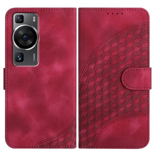 Funda de Cuero con Relieve de Cabeza de Elefante para Huawei P60 y P60 Pro con Cordón (Rosa Rojo)