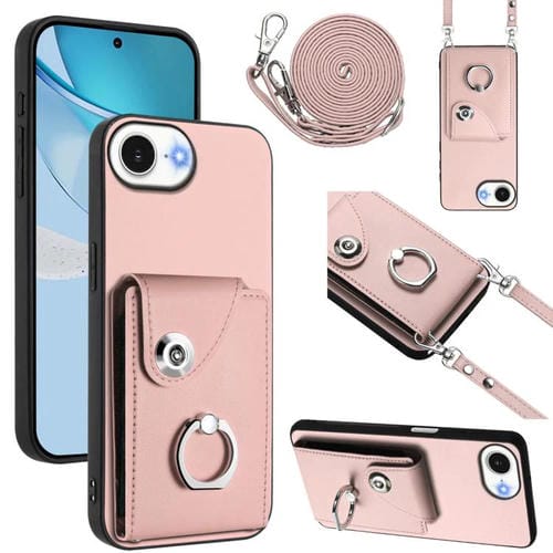 Funda para iPhone 16e con tarjetero, anilla y cordón largo (rosa)