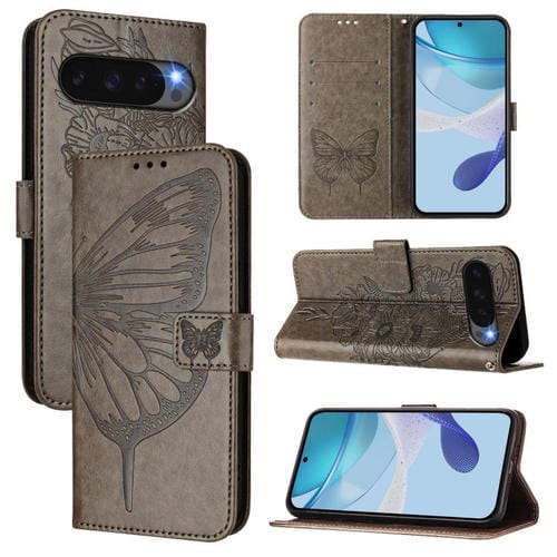 Funda de Cuero con Diseño de Mariposa en Relieve para Google Pixel 10 Pro (Gris)