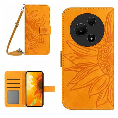 Funda de piel con tapa y cordón para TCL 60 SE/605, con diseño de girasoles en relieve (amarillo)