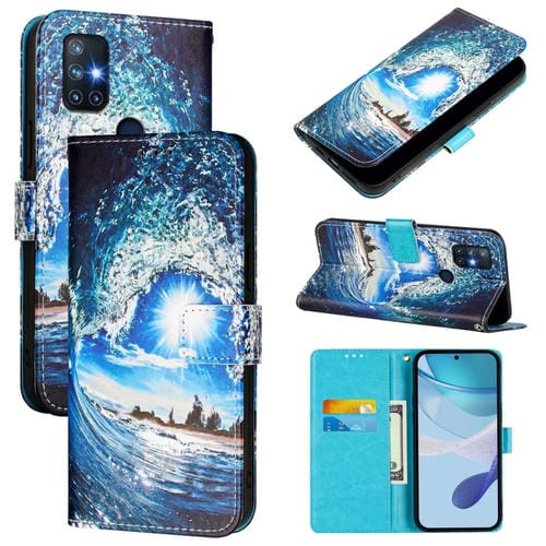 Funda de Cuero para OnePlus Nord N10 5G con Patrón de Colores y Tejido Liso (Ondas y Sol)