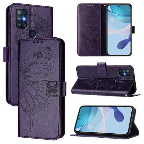 Funda de Cuero OnePlus Nord N10 5G con Diseño de Mariposa En Relieve (Morado Oscuro)
