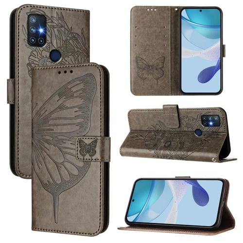 Funda de Cuero para OnePlus Nord N10 5G con Diseño de Mariposa en Relieve (Gris)