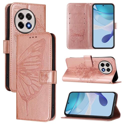 Funda de Cuero OnePlus Ace 5 Pro/Ace 5 con Diseño de Mariposa en Relieve (Oro Rosa)