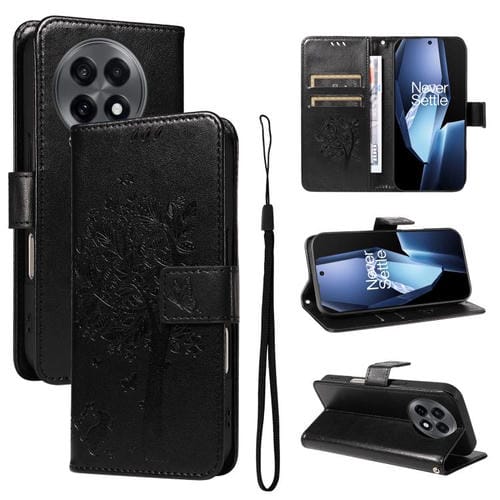 Funda de Cuero con Tapa para OnePlus 13R Global con Diseño de Árbol y Gato en Relieve (Negra)