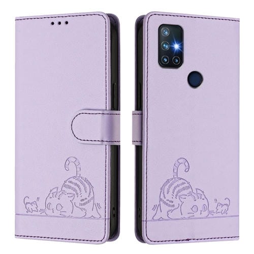 Funda de Cuero Rfid para OnePlus Nord N10 5G con Estampado de Rata y Gato y Cordón (Morado)