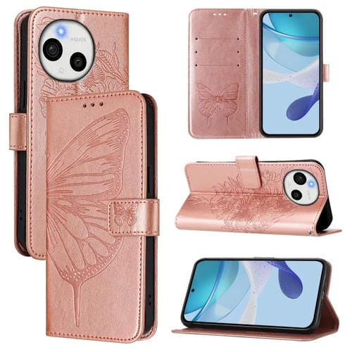 Funda de Cuero para Sharp Aquos Sense9 con Diseño de Mariposa En Relieve (Oro Rosa)