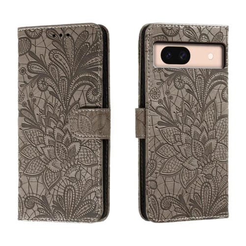 Funda de Cuero con Tapa y Flores en Relieve para Google Pixel 8A (Gris)