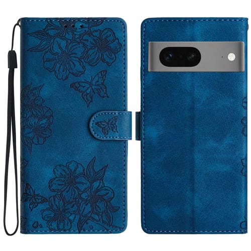 Funda para Google Pixel 7 5G Cherry Blossom Butterfly Skin Feel de PU en Relieve (Azul)